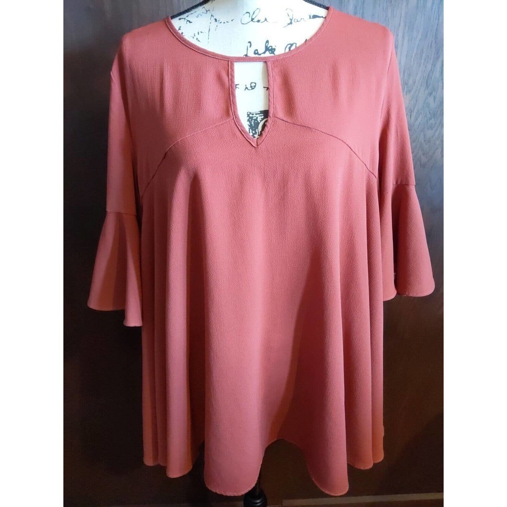 Rust Color Keyhole loose blouse ruffle 3/4 sleeve top size XL lightweight flowy